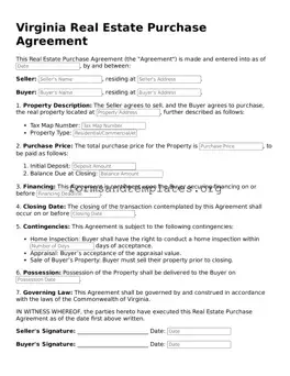 Real Estate Purchase Agreement Template for the State of Virginia