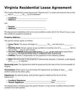 Residential Lease Agreement Template for the State of Virginia
