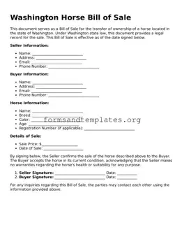 Horse Bill of Sale Template for the State of Washington
