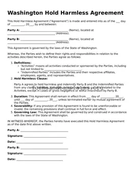 Hold Harmless Agreement Template for the State of Washington