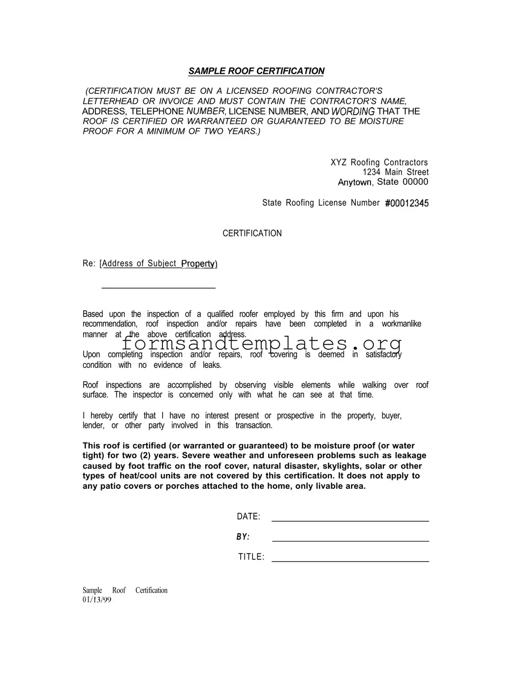 Printable Sample Roof Certification Template