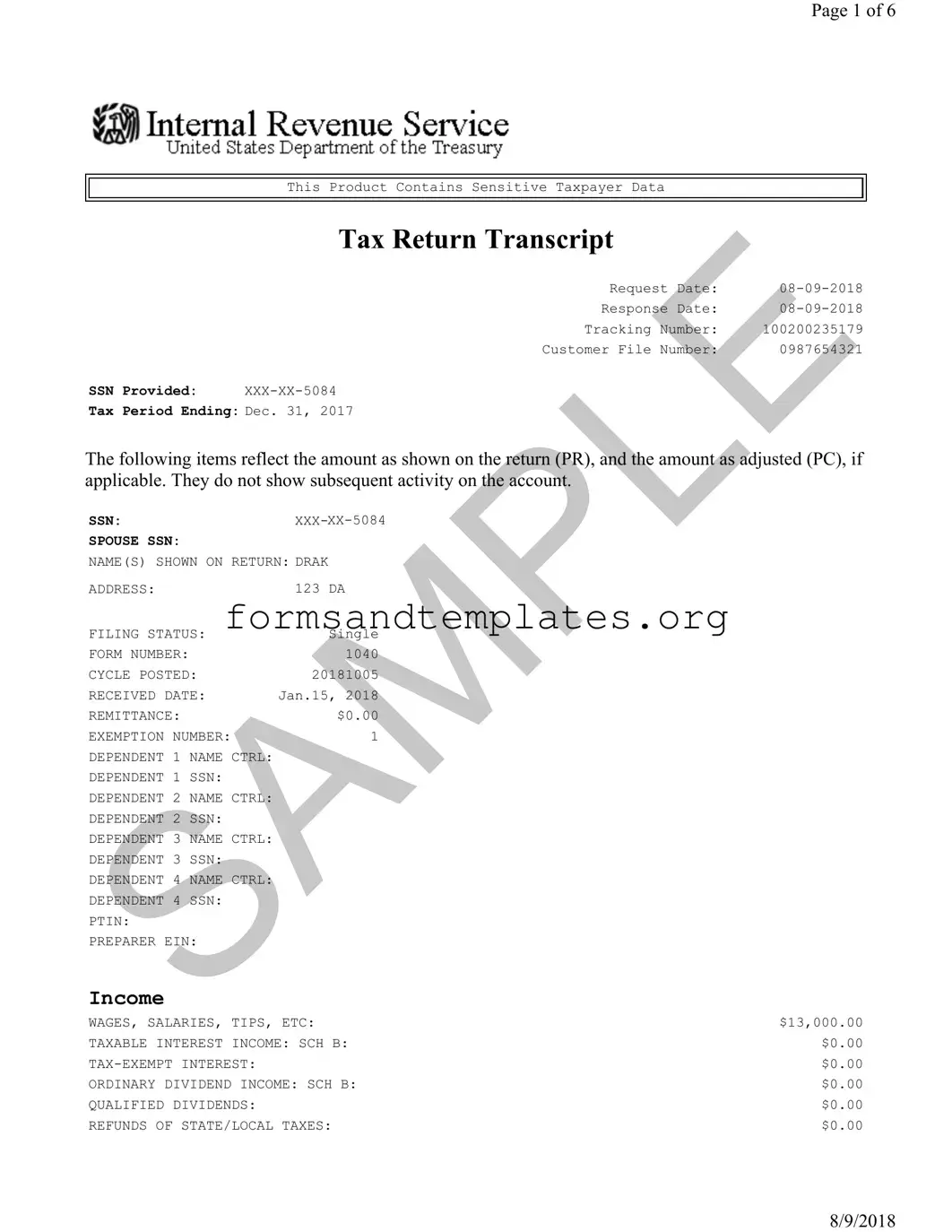 Printable Sample Tax Return Transcript Template