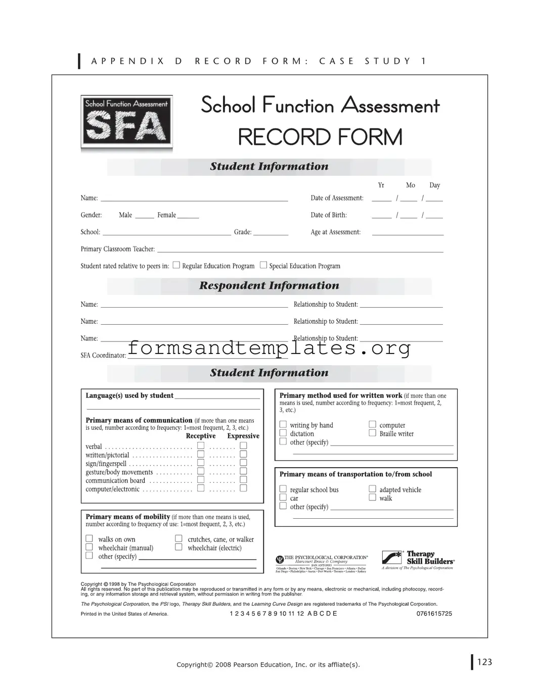 Printable School Function Assessment Template