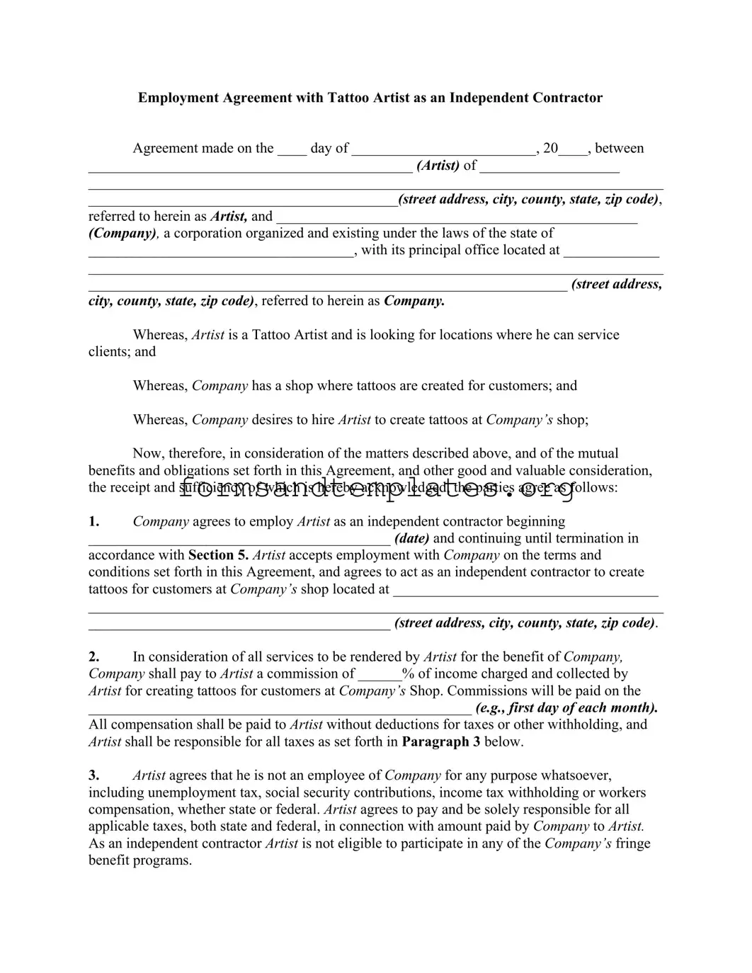 Printable Tattoo Shop Artist Agreement Template