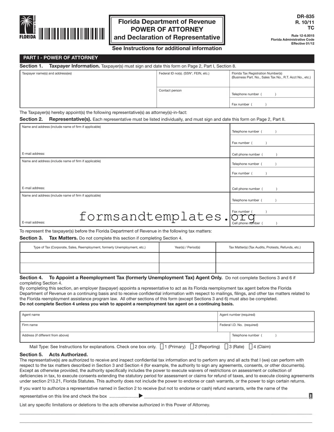 Printable Tax POA dr 835 Template