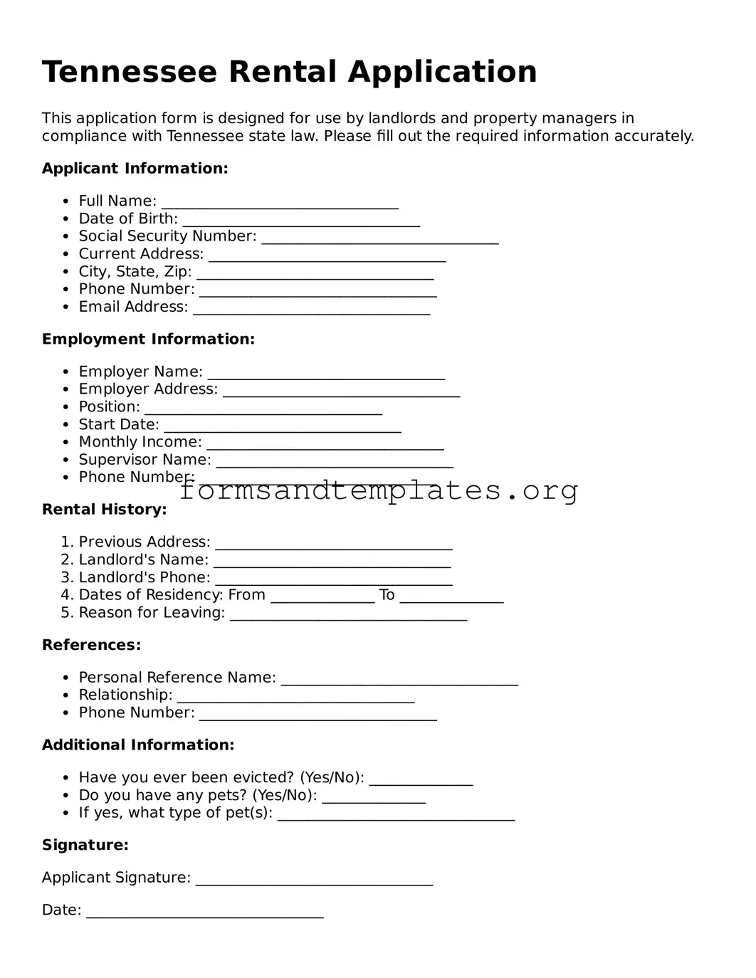 Rental Application Template for the State of Tennessee