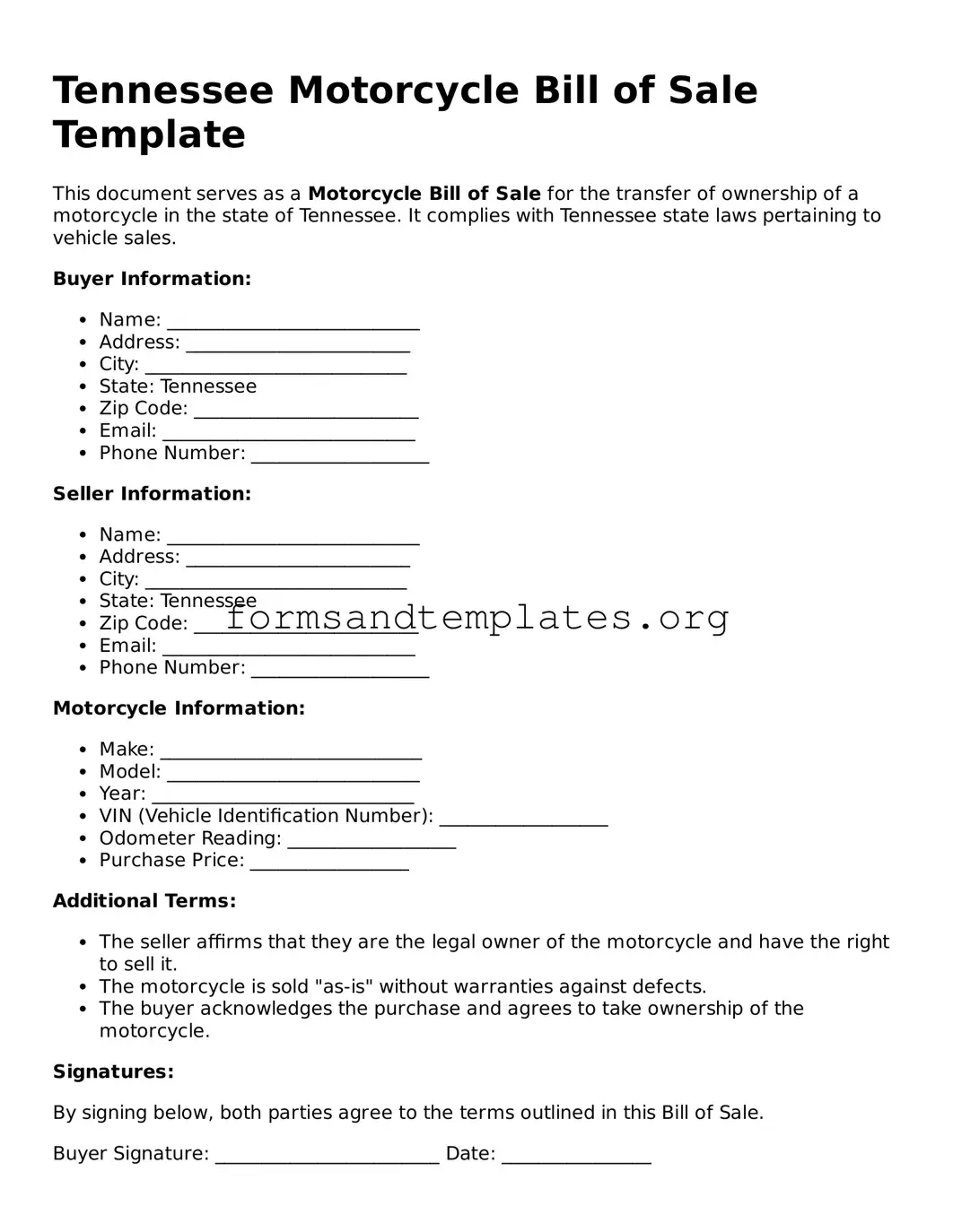 Motorcycle Bill of Sale Template for the State of Tennessee