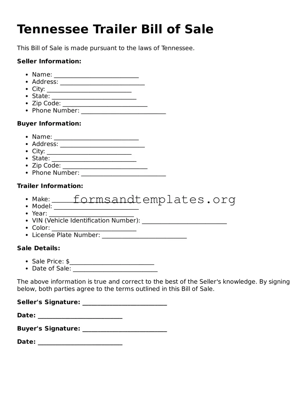 Trailer Bill of Sale Template for the State of Tennessee