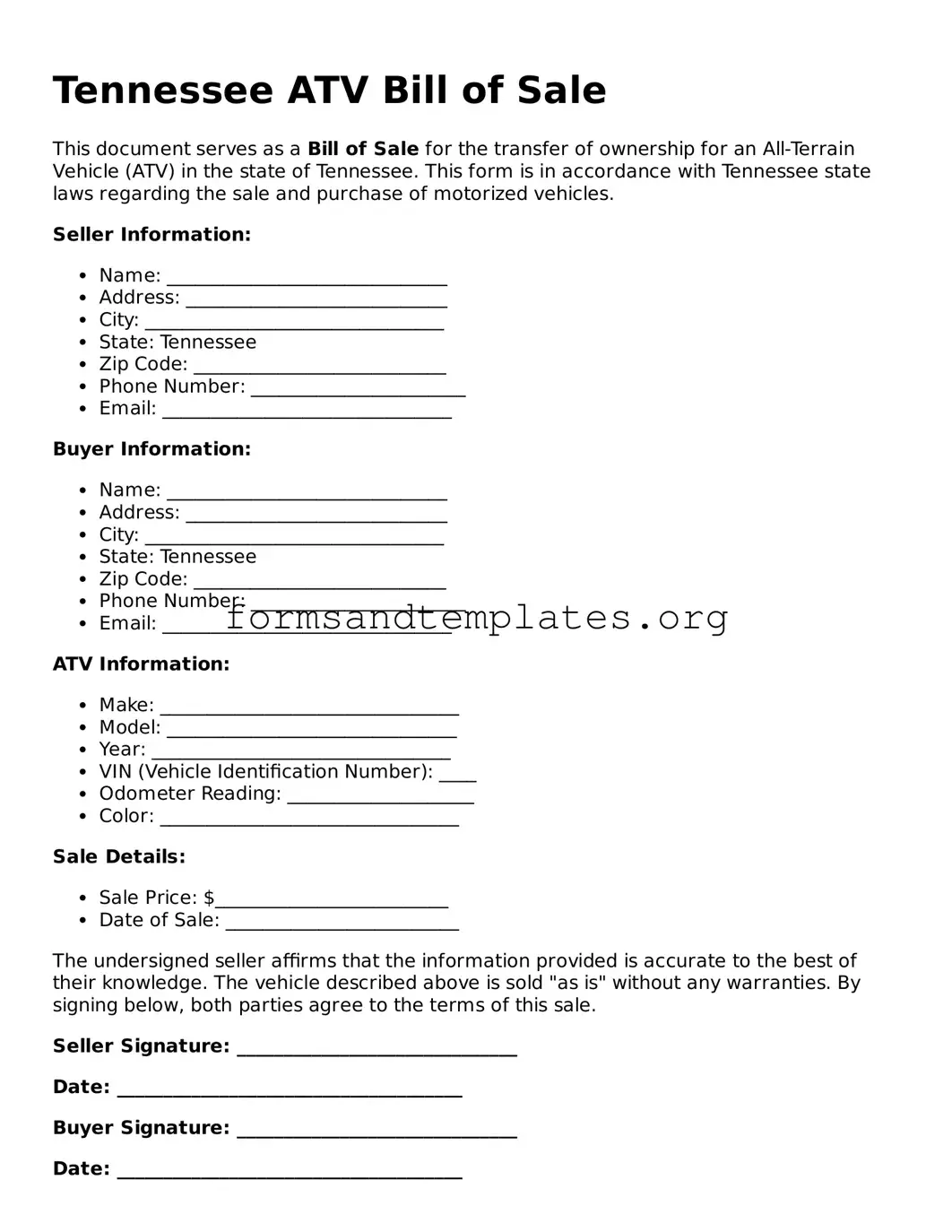 ATV Bill of Sale Template for the State of Tennessee