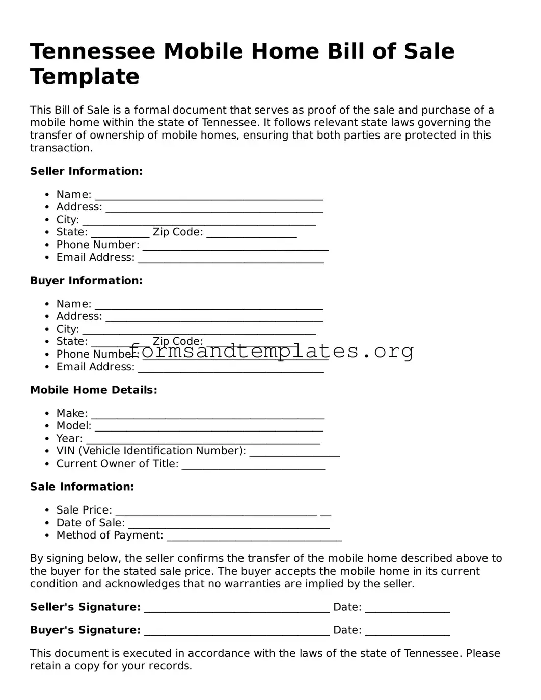 Mobile Home Bill of Sale Template for the State of Tennessee