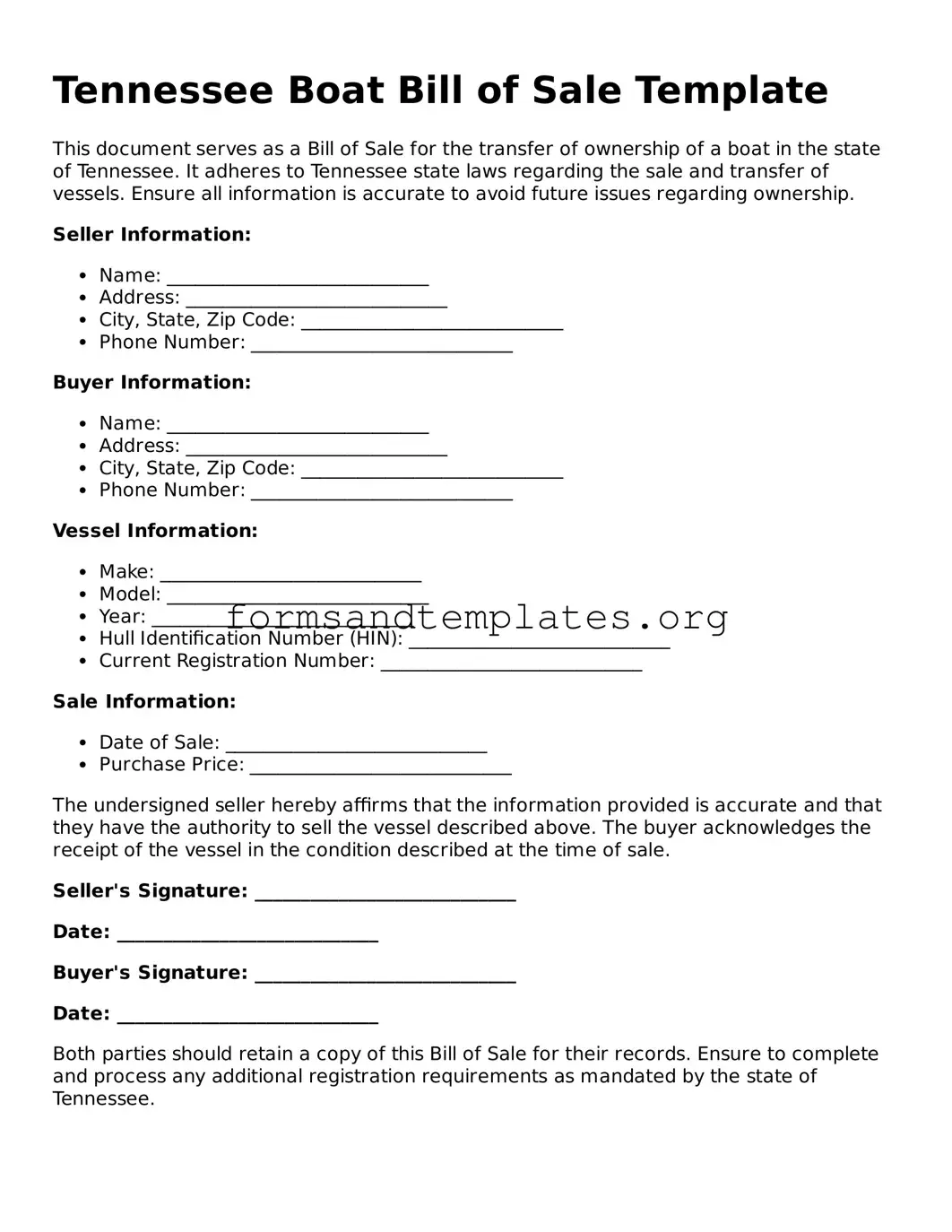 Boat Bill of Sale Template for the State of Tennessee