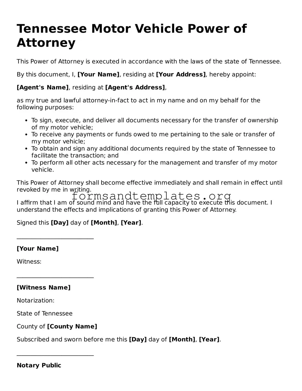 Motor Vehicle Power of Attorney Template for the State of Tennessee