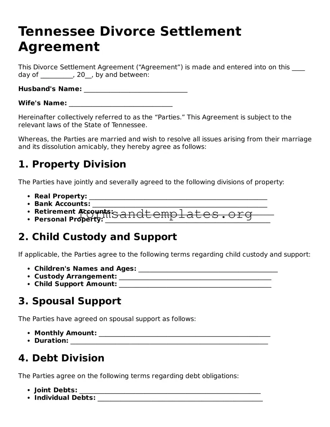 Divorce Settlement Agreement Template for the State of Tennessee