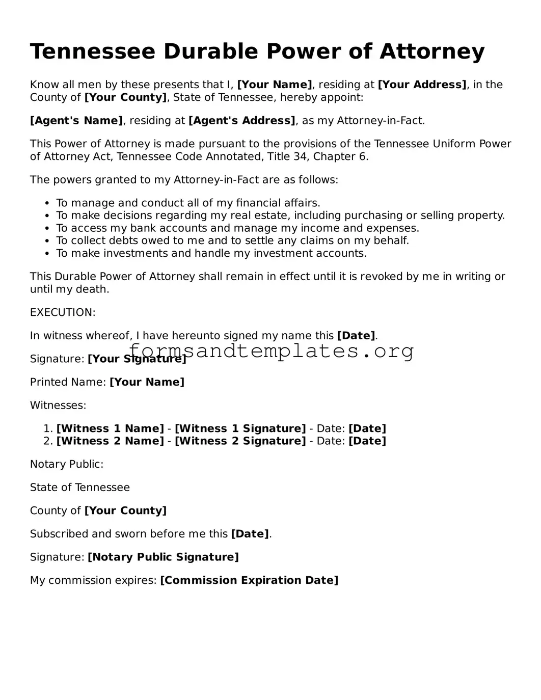 Durable Power of Attorney Template for the State of Tennessee