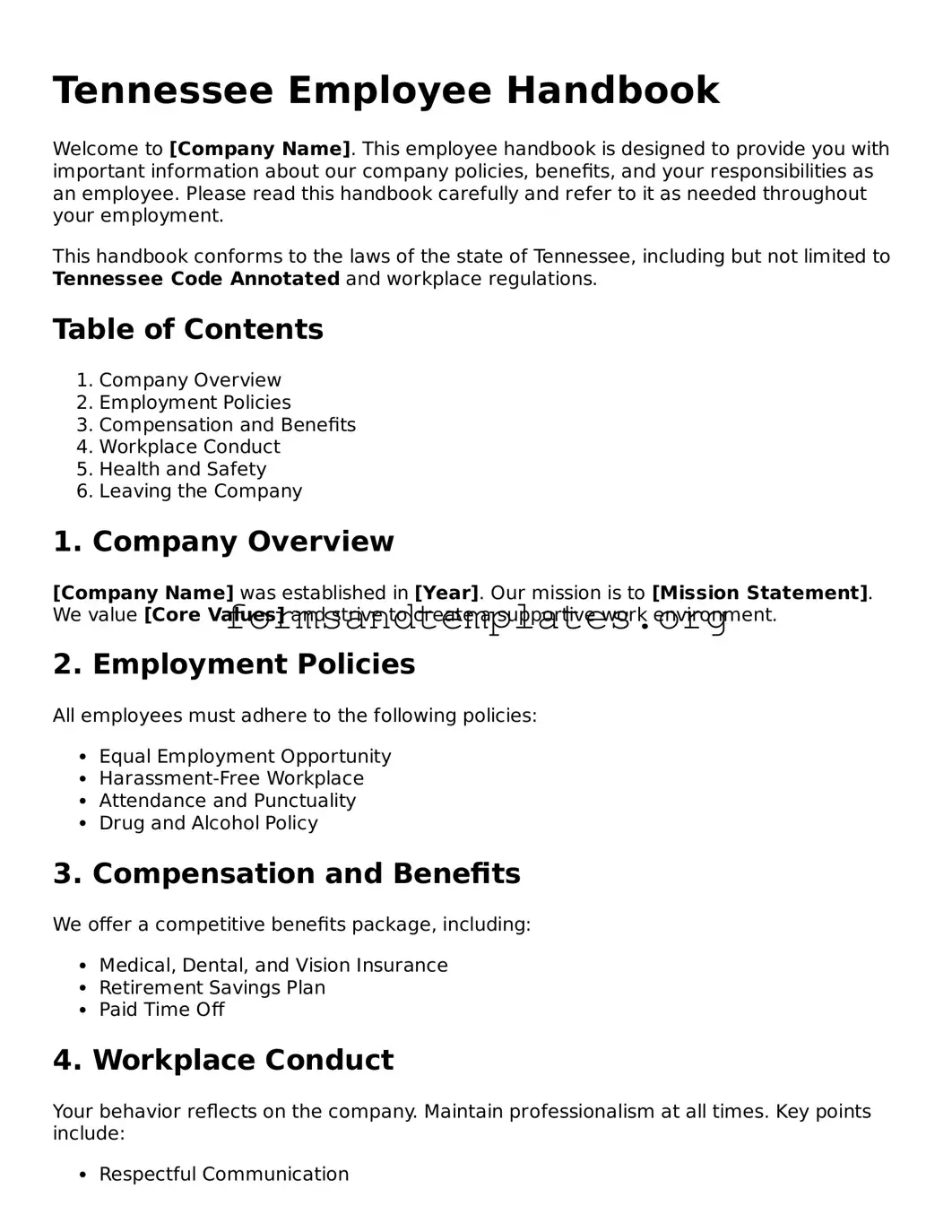 Employee Handbook Template for the State of Tennessee