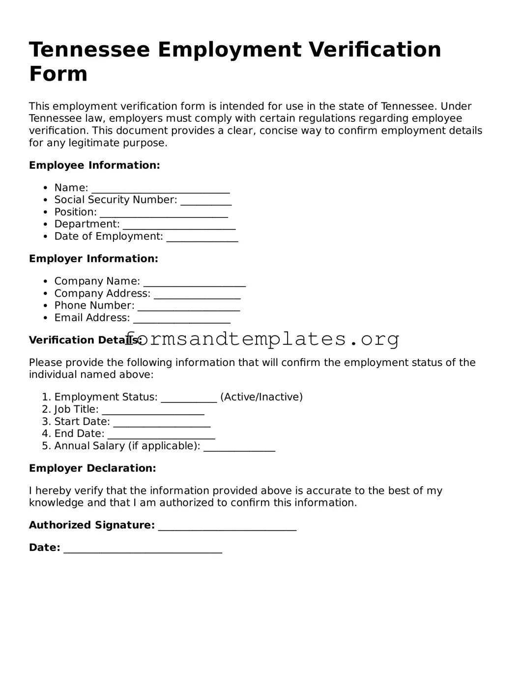 Employment Verification Template for the State of Tennessee