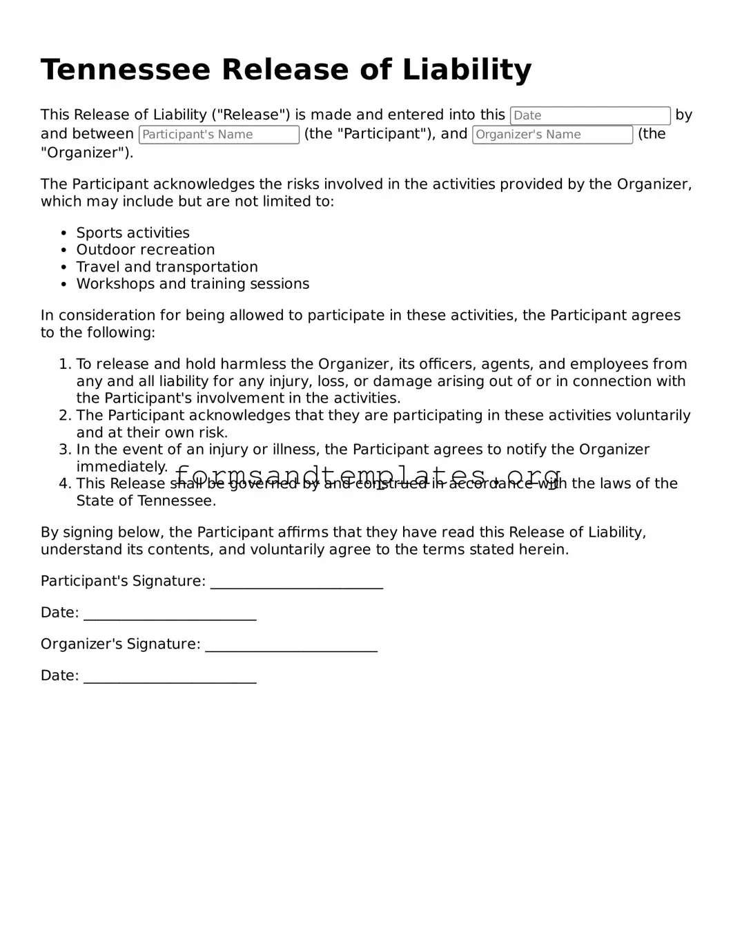 Release of Liability Template for the State of Tennessee