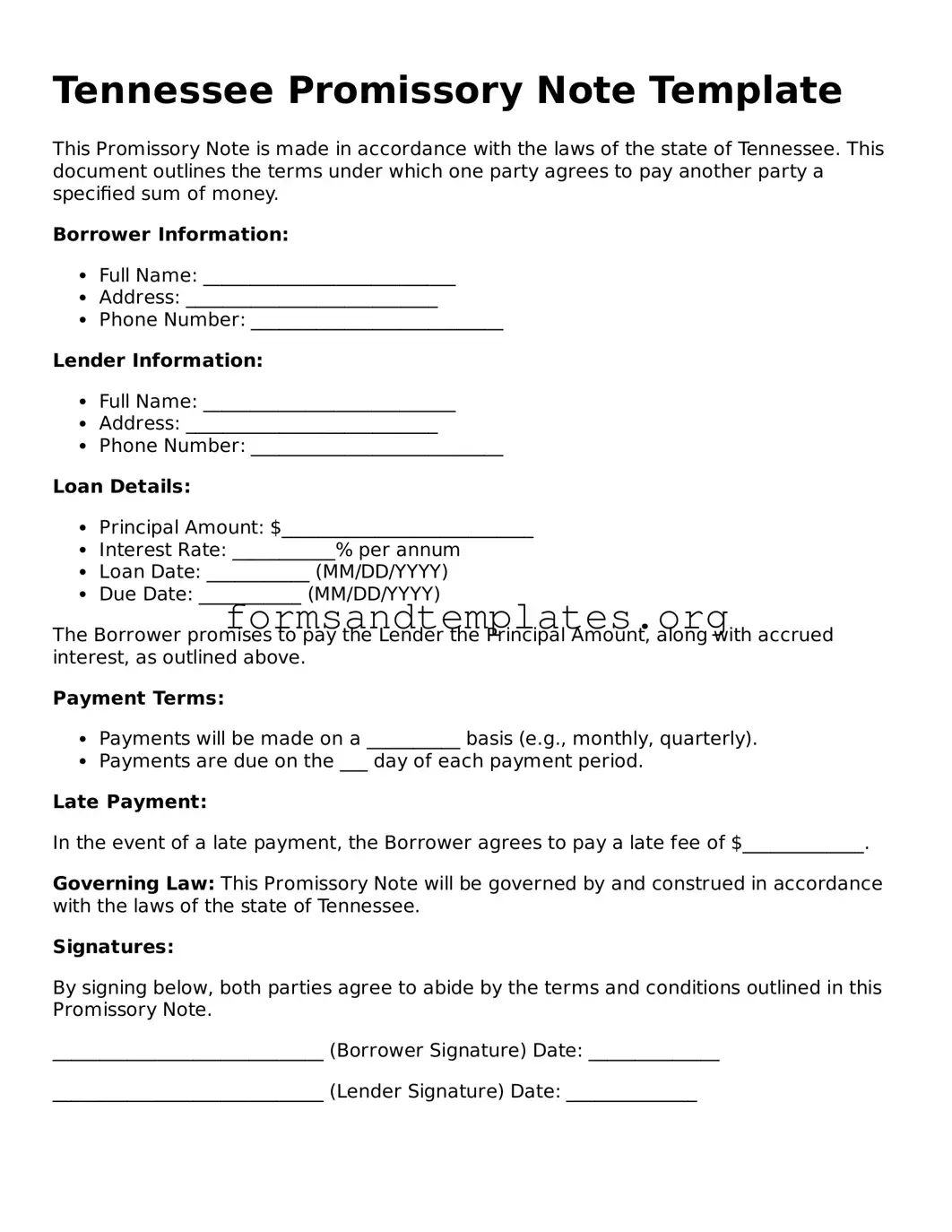 Promissory Note Template for the State of Tennessee