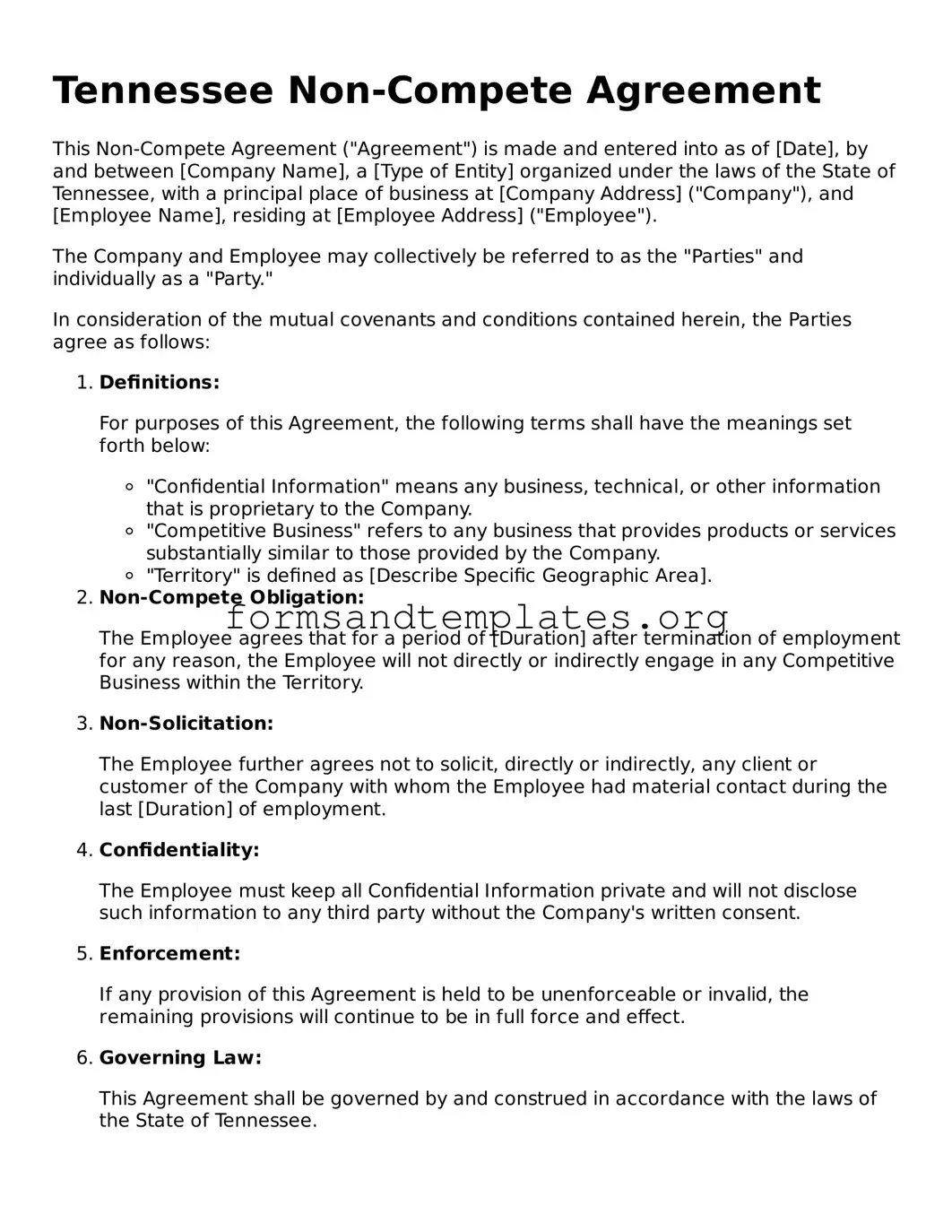 Non-compete Agreement Template for the State of Tennessee