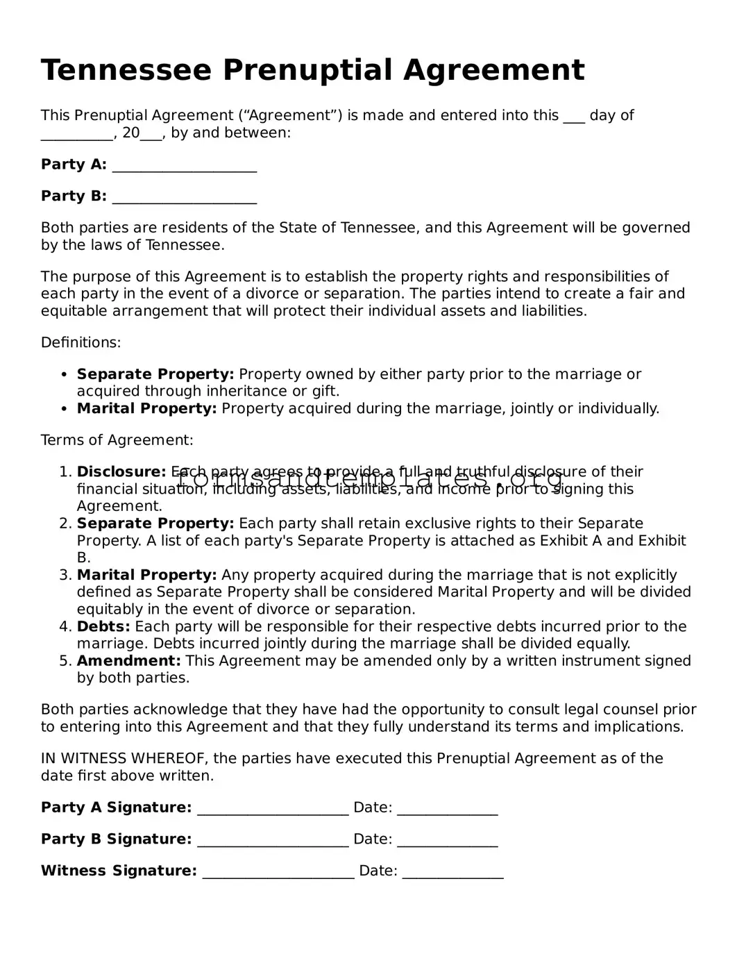 Prenuptial Agreement Template for the State of Tennessee