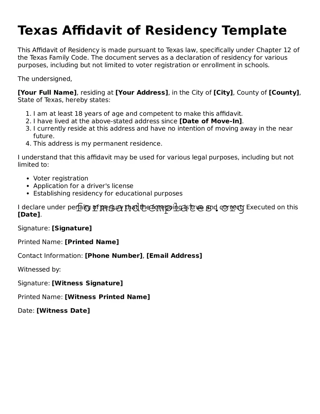 Affidavit of Residency Template for the State of Texas