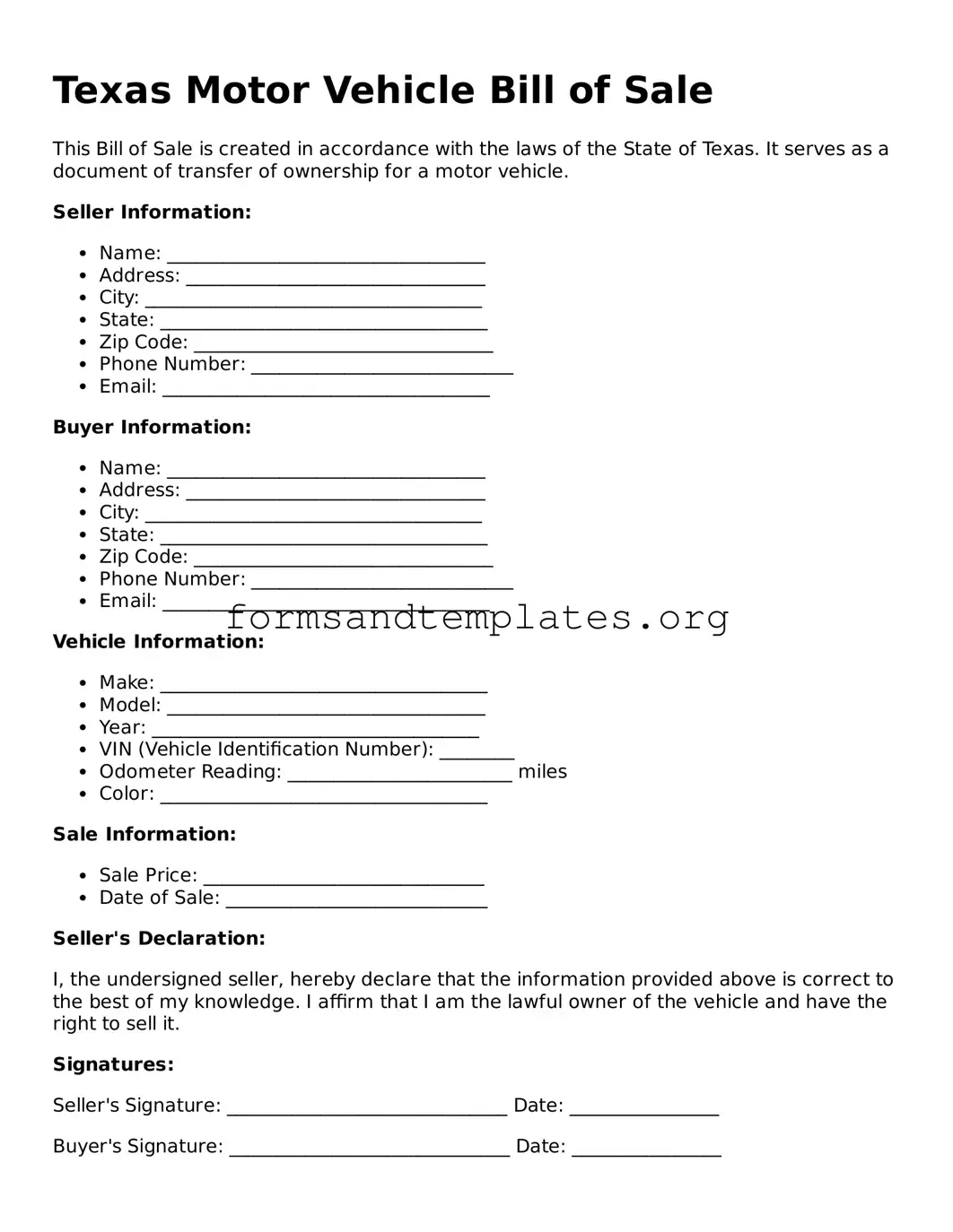 Motor Vehicle Bill of Sale Template for the State of Texas