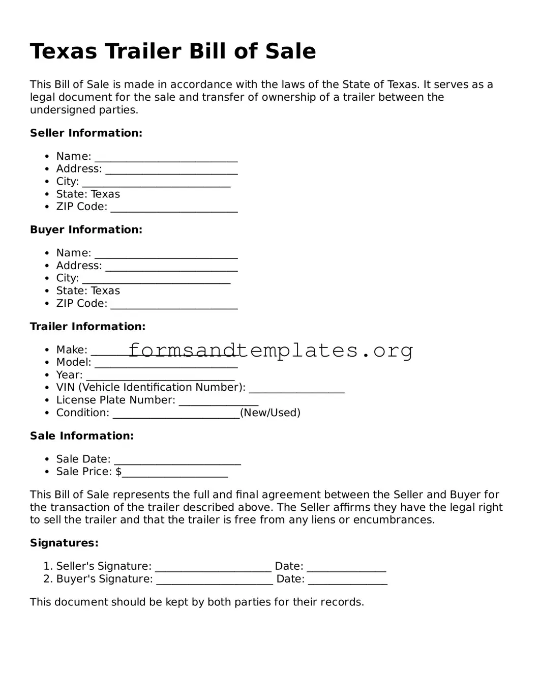 Trailer Bill of Sale Template for the State of Texas
