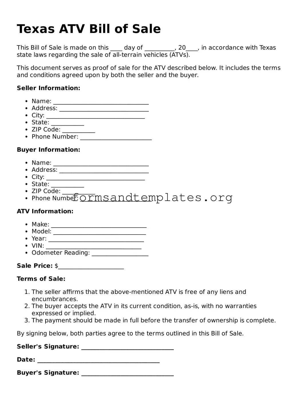 ATV Bill of Sale Template for the State of Texas