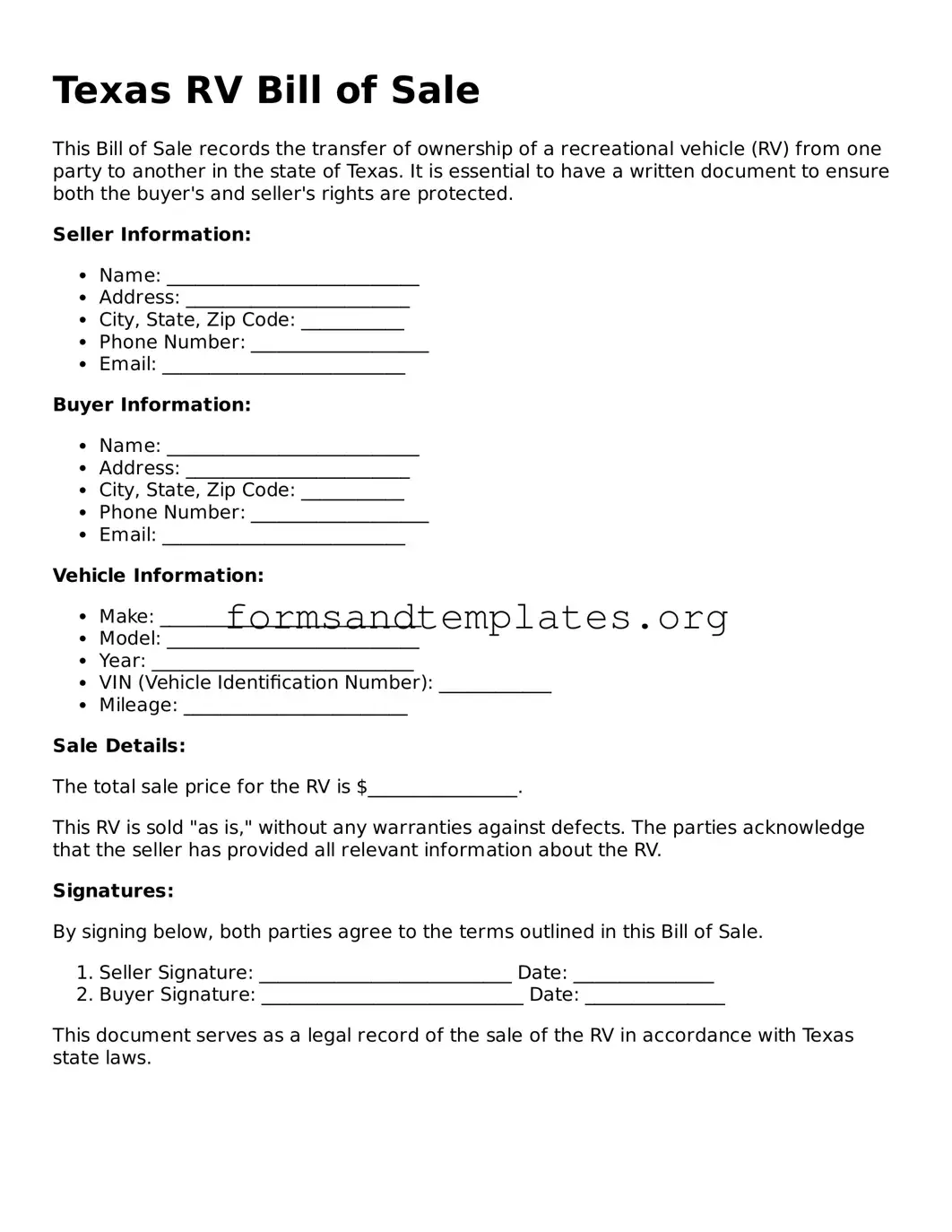 RV Bill of Sale Template for the State of Texas