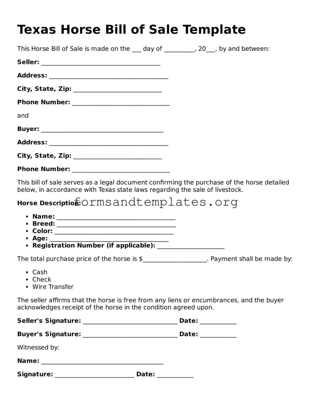 Horse Bill of Sale Template for the State of Texas