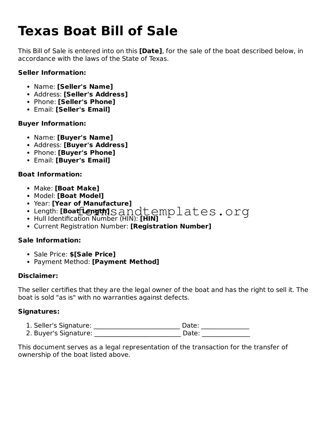 Boat Bill of Sale Template for the State of Texas