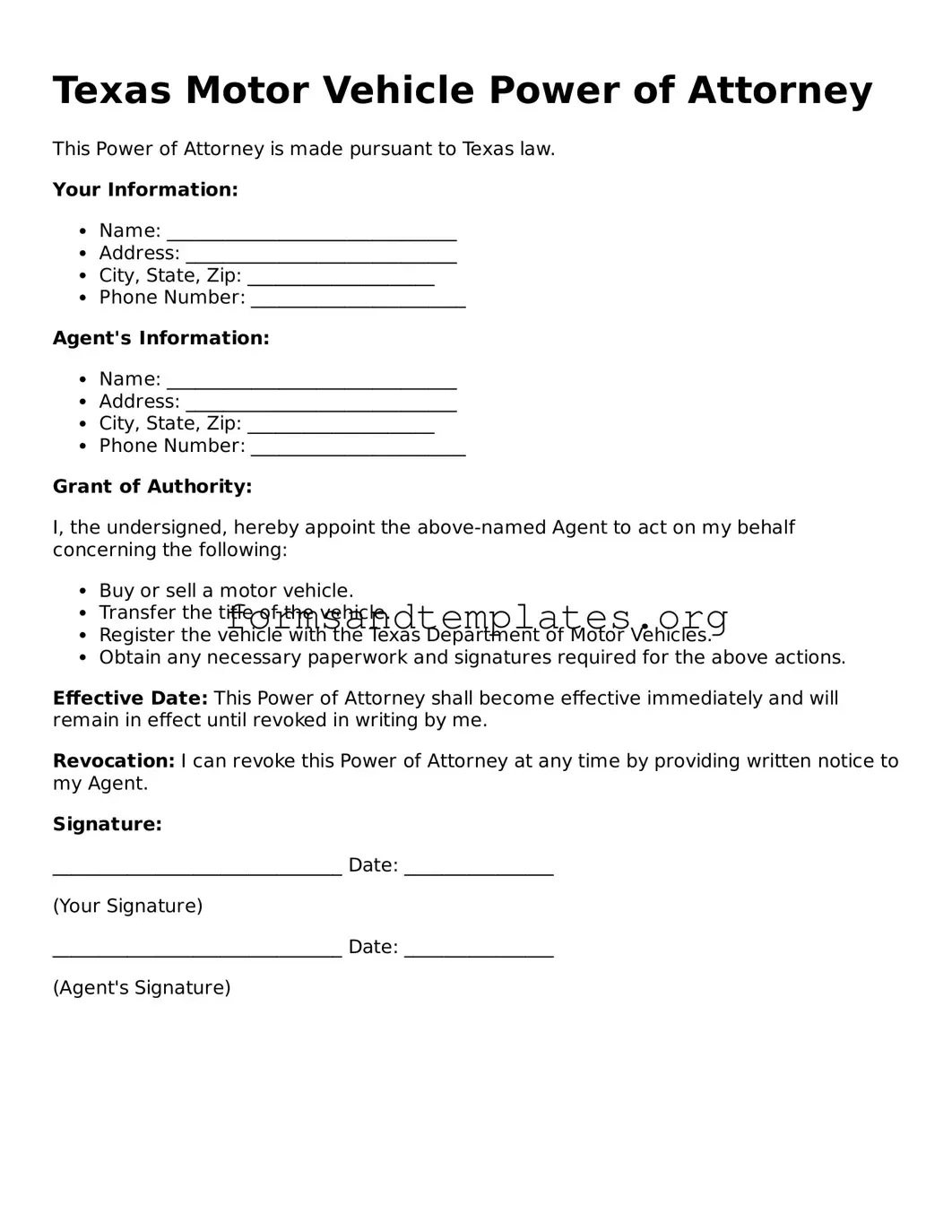 Motor Vehicle Power of Attorney Template for the State of Texas