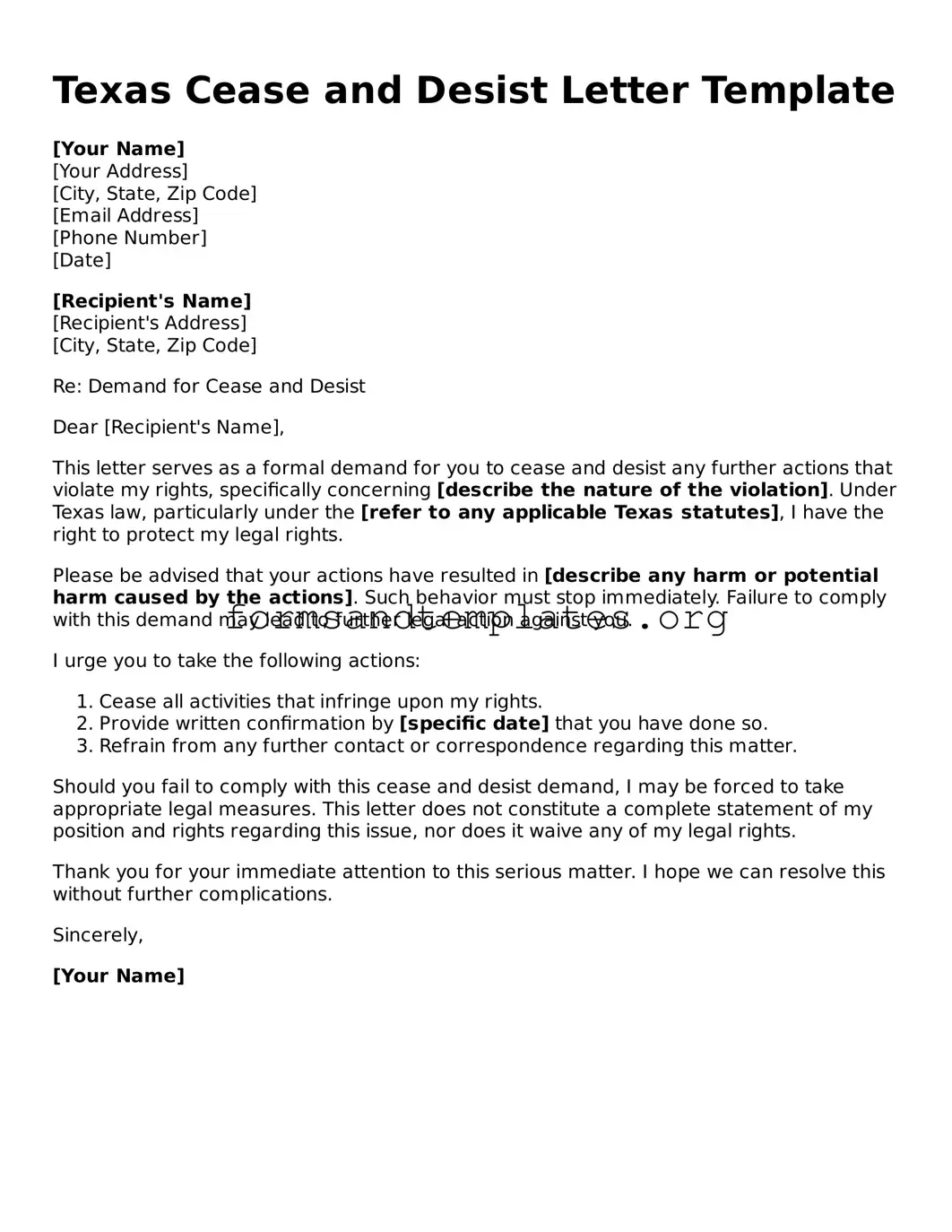 Cease and Desist Letter Template for the State of Texas