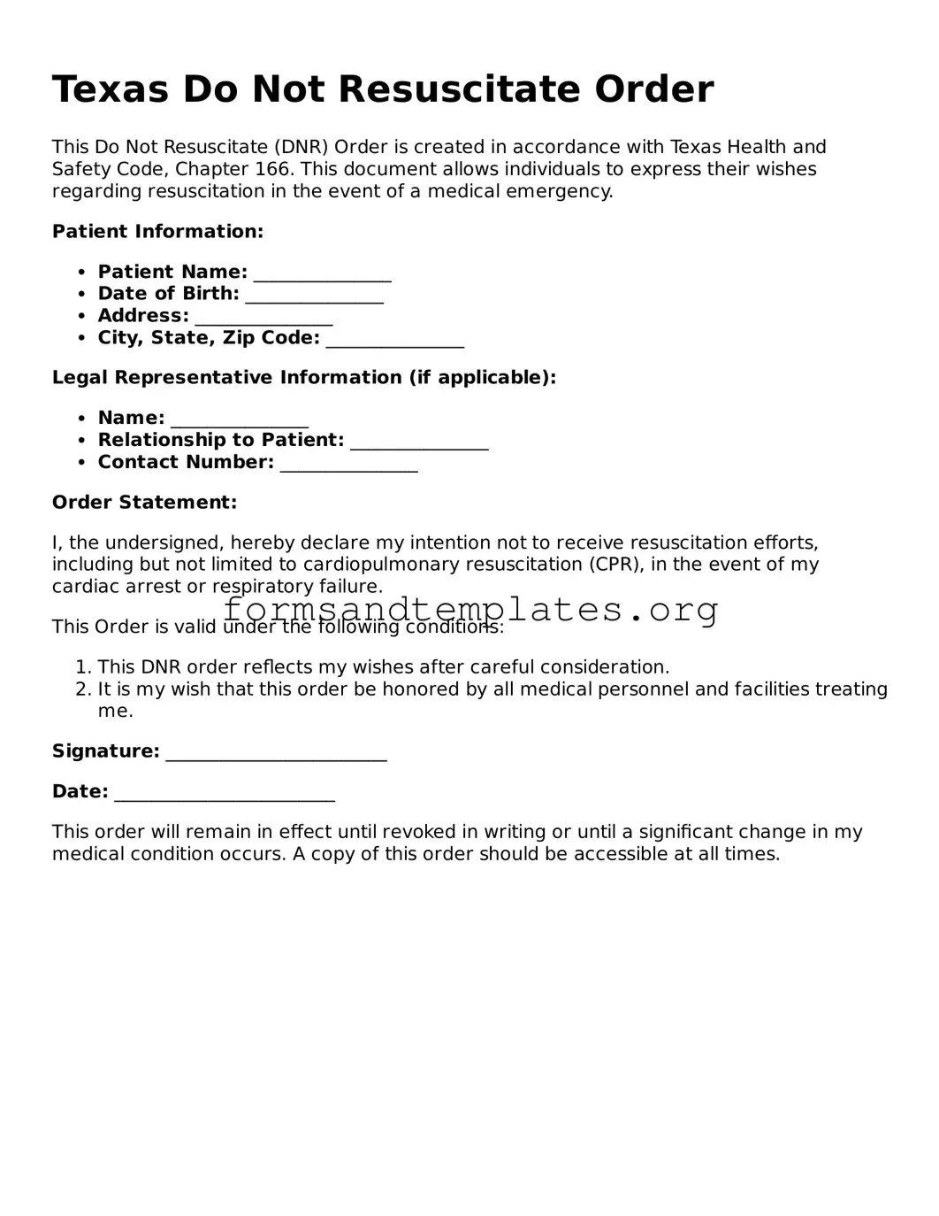 Do Not Resuscitate Order Template for the State of Texas