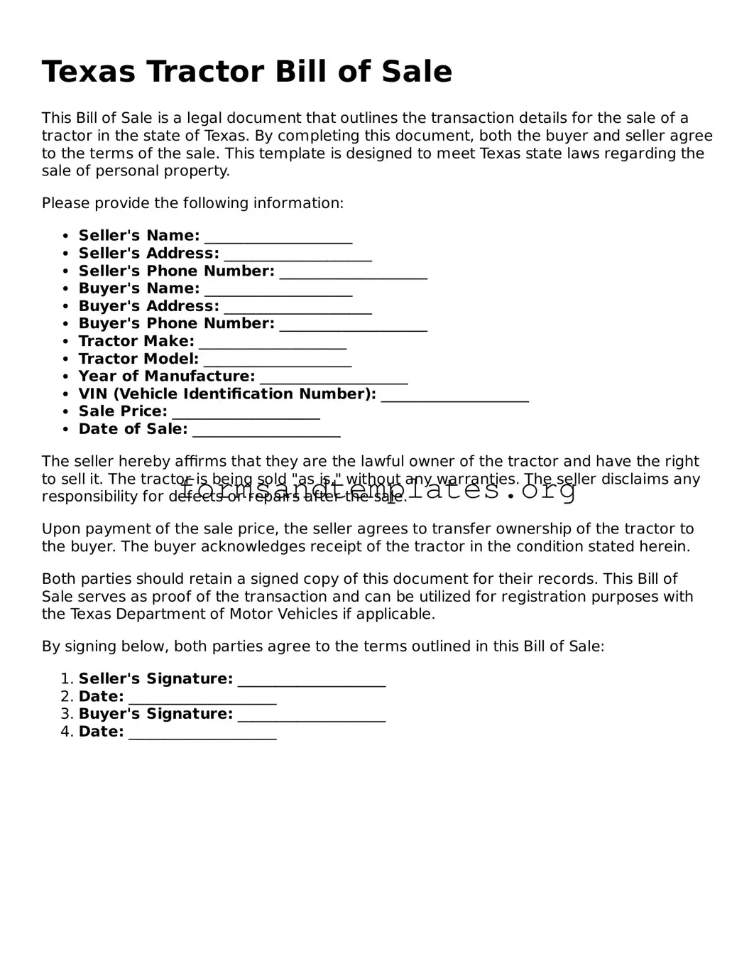 Tractor Bill of Sale Template for the State of Texas