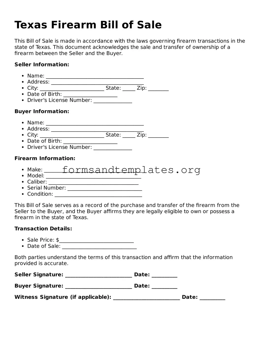 Firearm Bill of Sale Template for the State of Texas