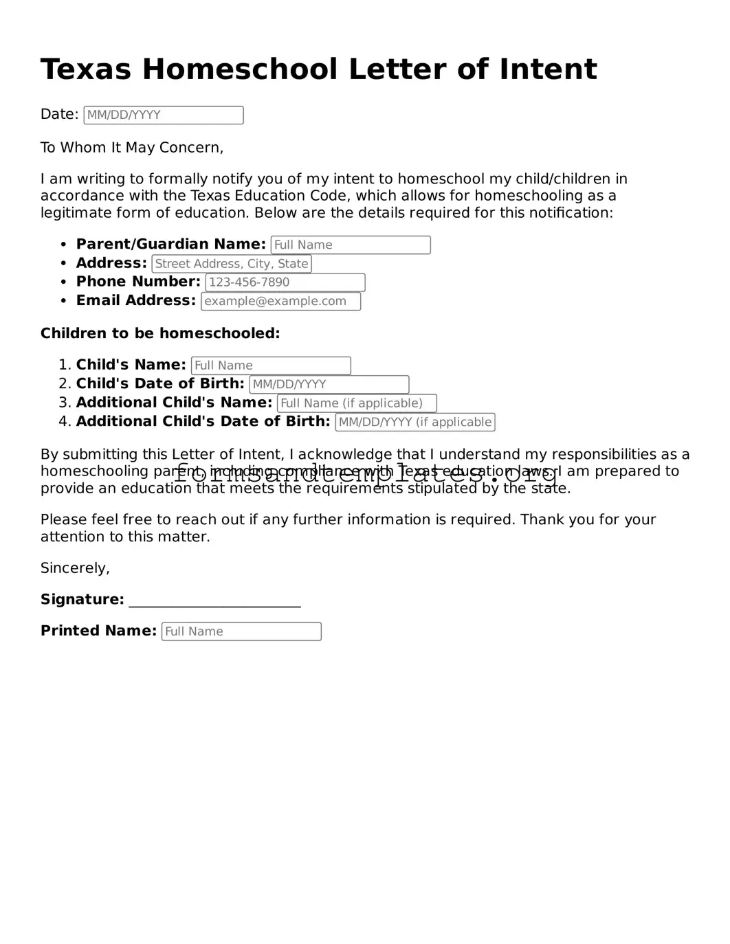 Homeschool Letter of Intent Template for the State of Texas