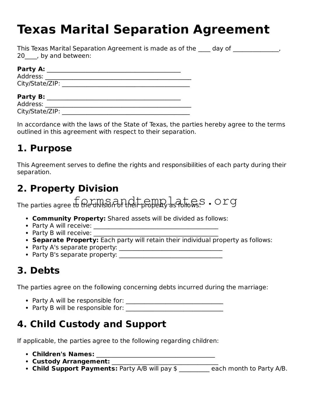 Marital Separation Agreement Template for the State of Texas