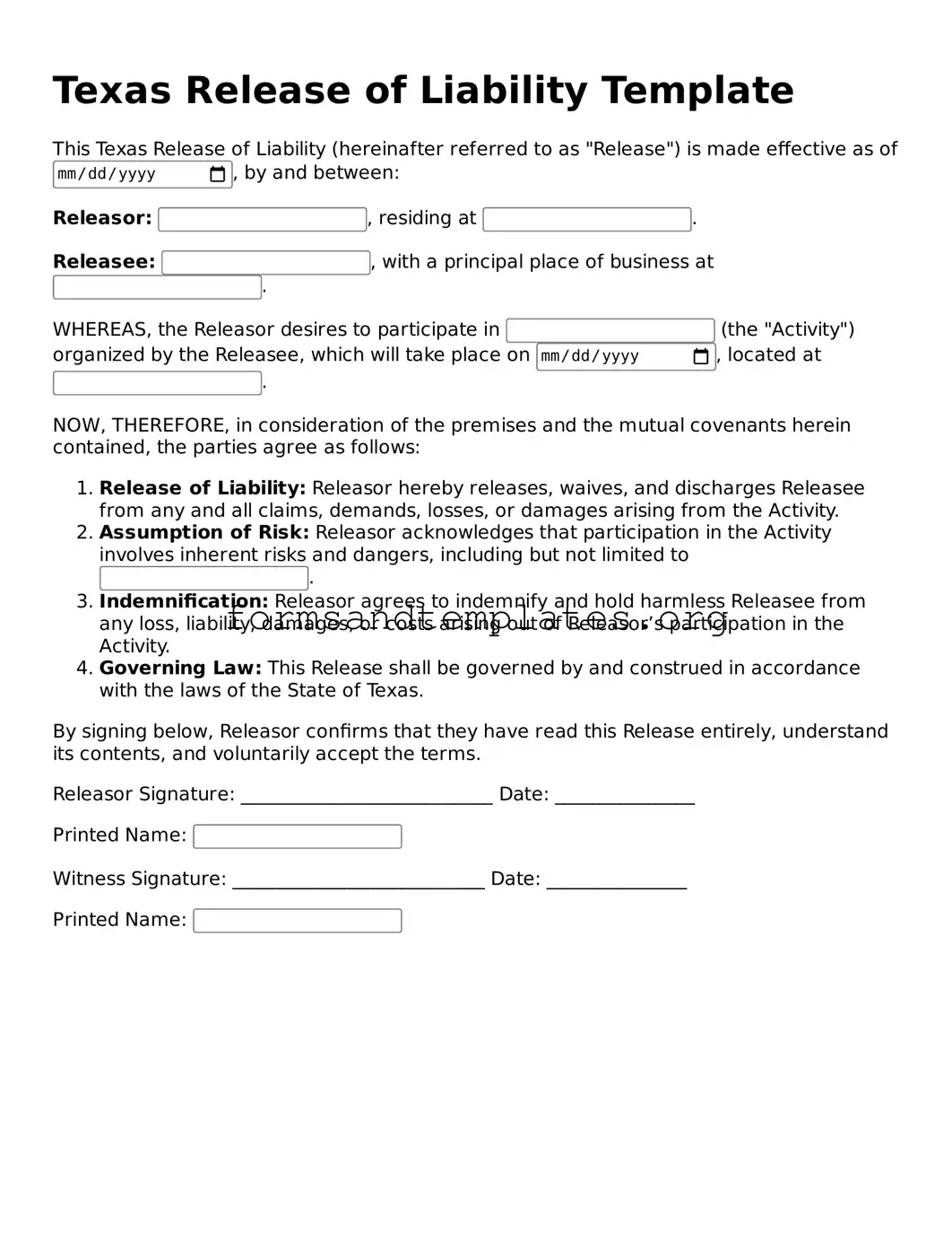Release of Liability Template for the State of Texas