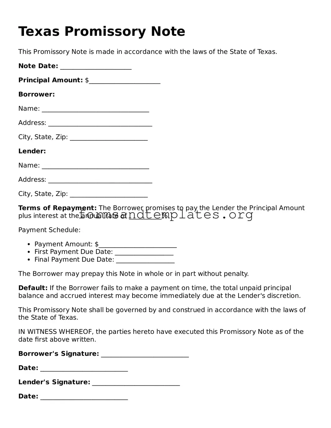 Promissory Note Template for the State of Texas