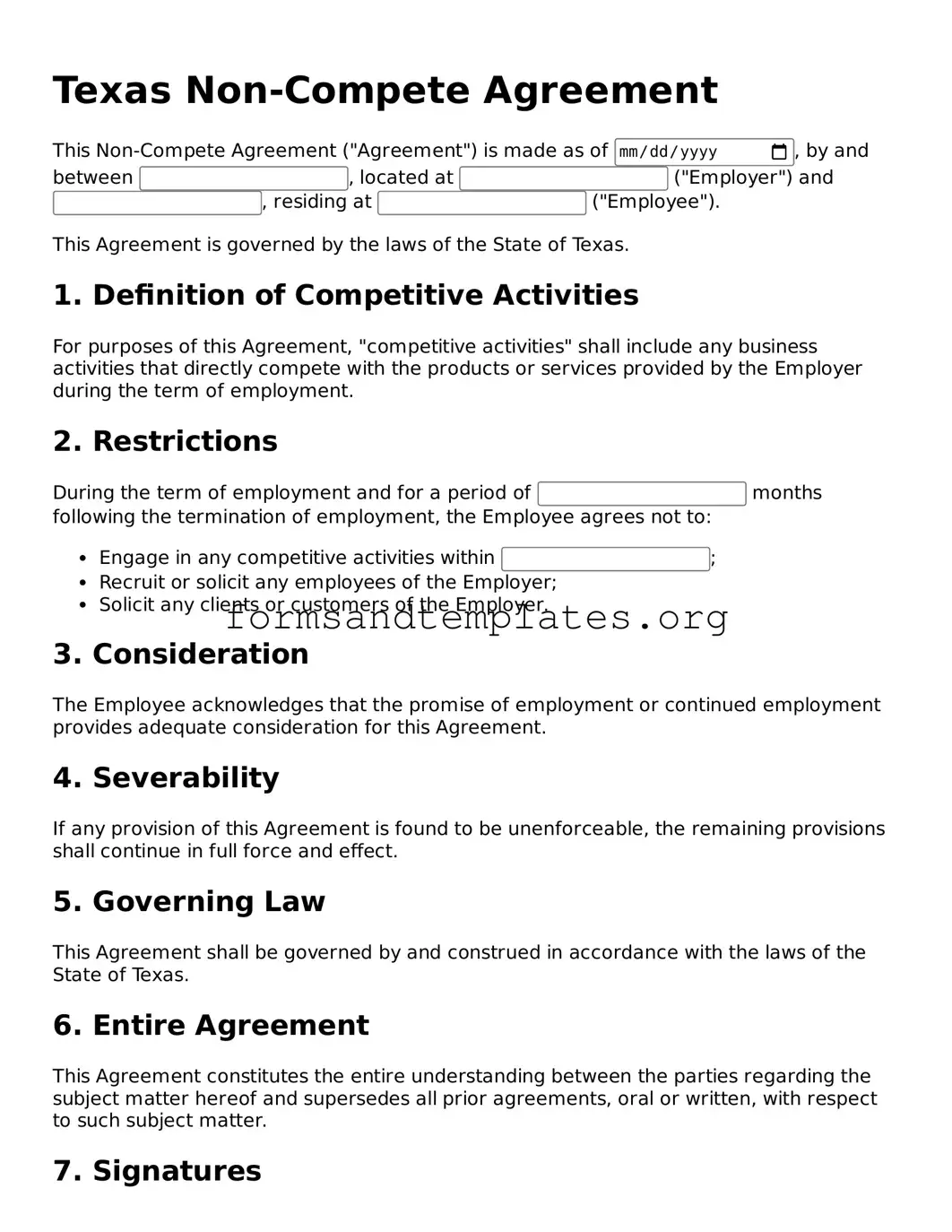 Non-compete Agreement Template for the State of Texas