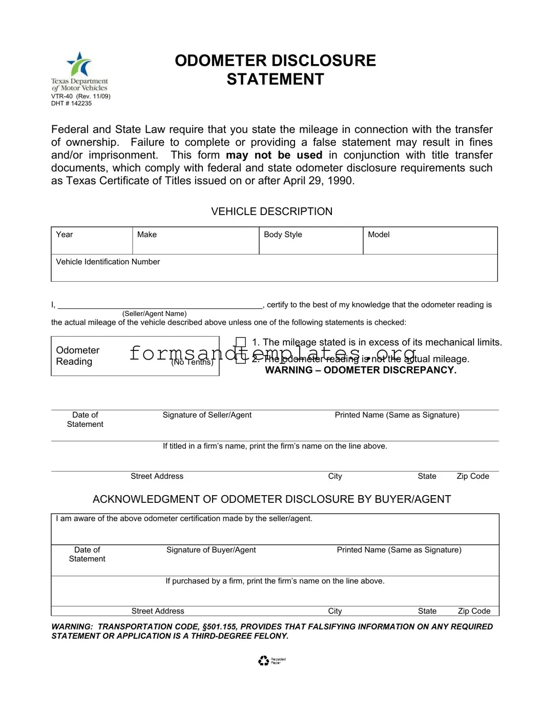 Printable Texas Odometer Statement Template