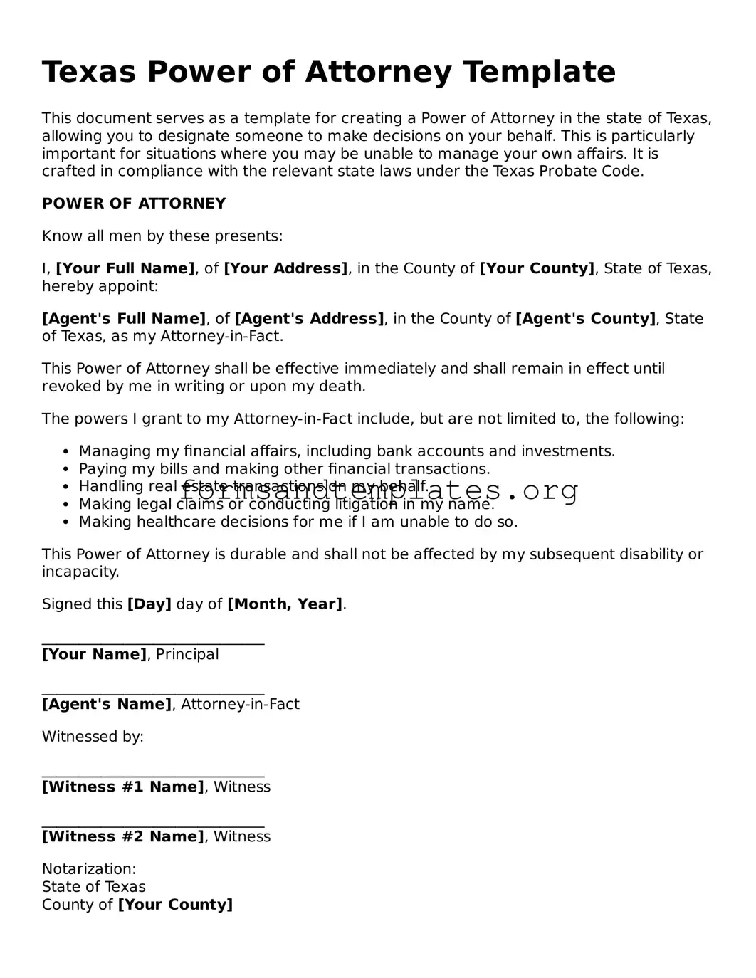Power of Attorney Template for the State of Texas