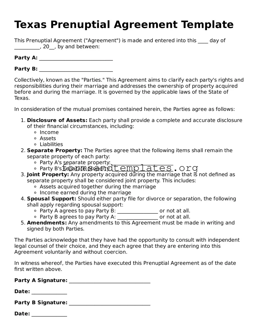 Prenuptial Agreement Template for the State of Texas