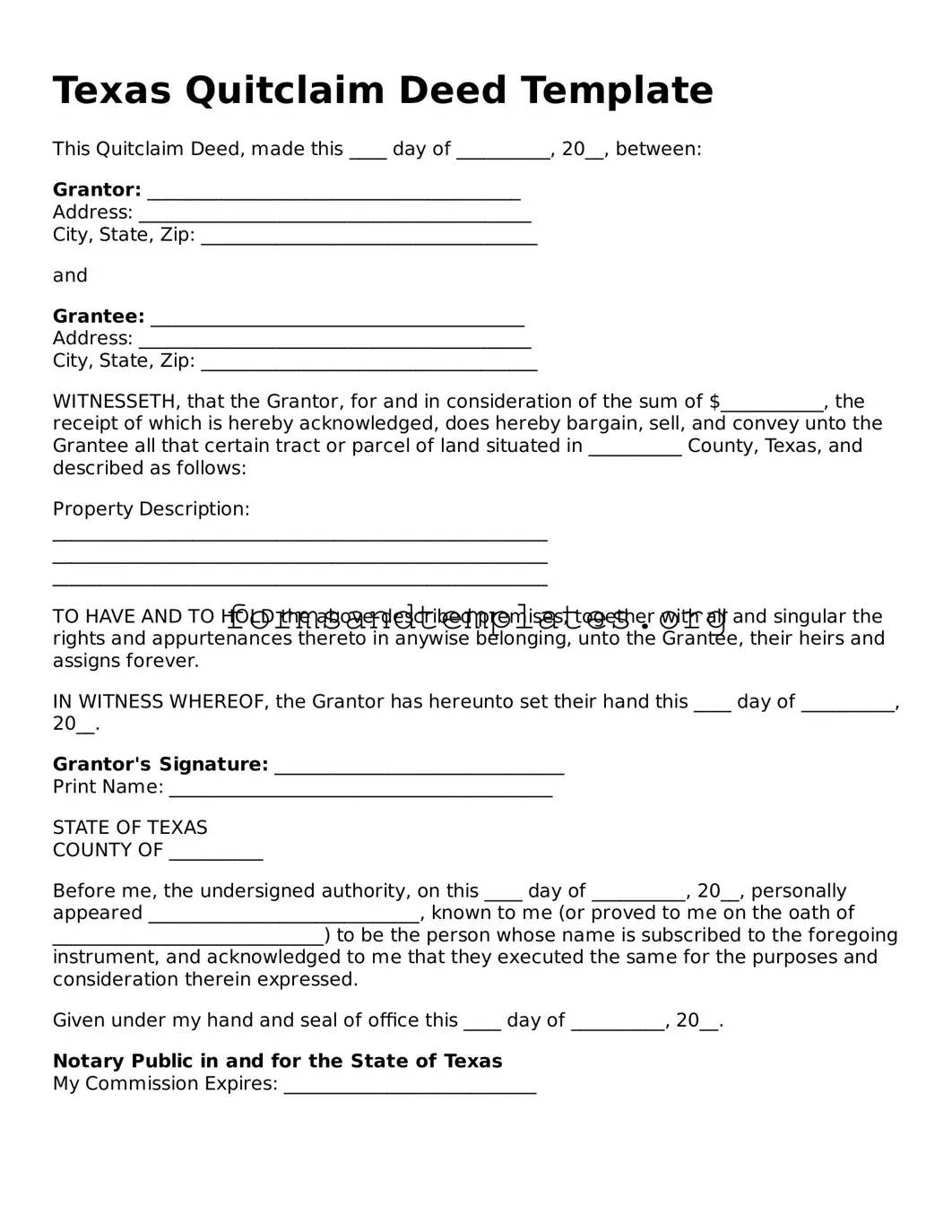 Quitclaim Deed Template for the State of Texas