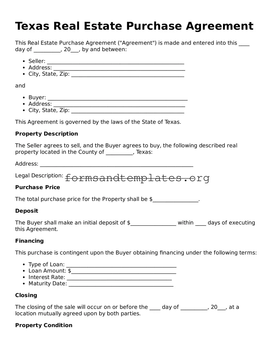 Real Estate Purchase Agreement Template for the State of Texas