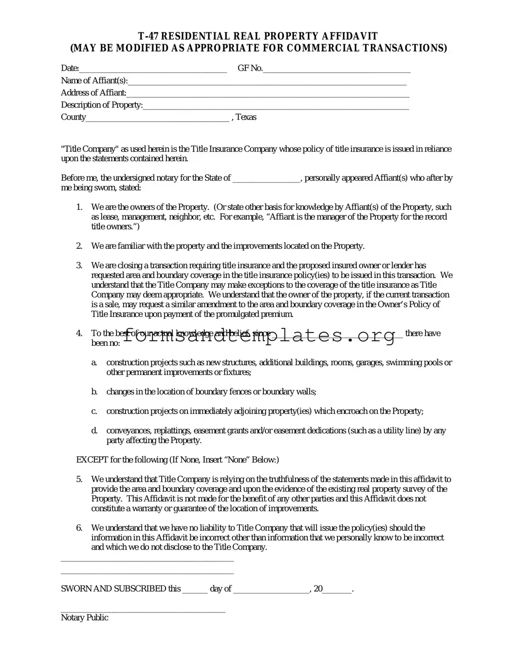Printable Texas residential property affidavit T-47 Template