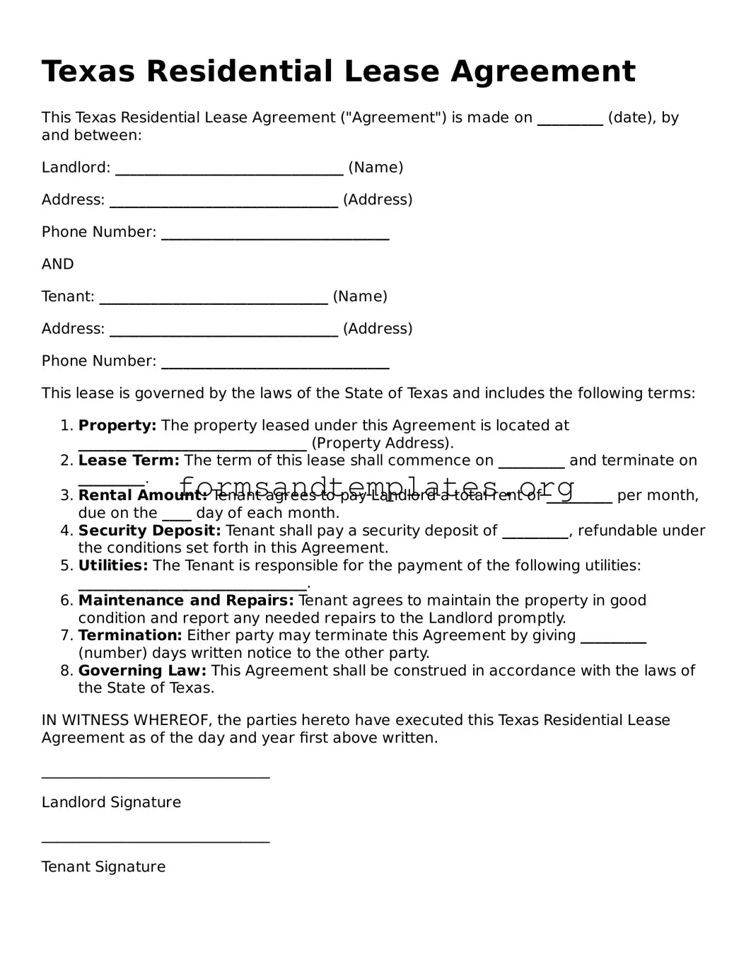 Residential Lease Agreement Template for the State of Texas