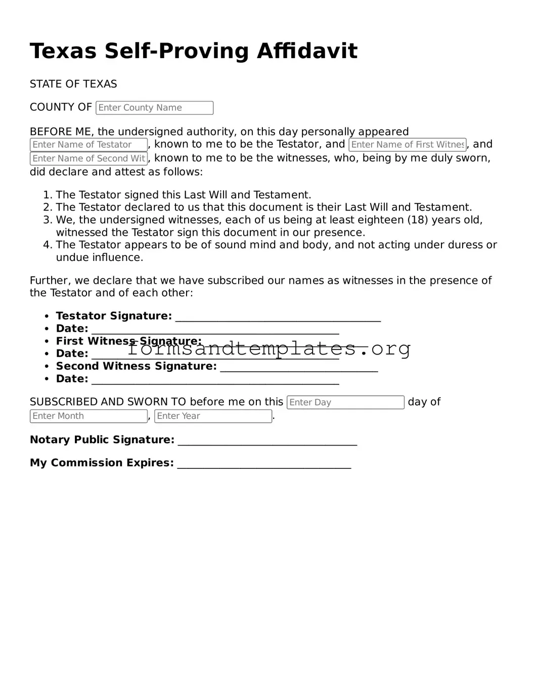 Self-Proving Affidavit Template for the State of Texas