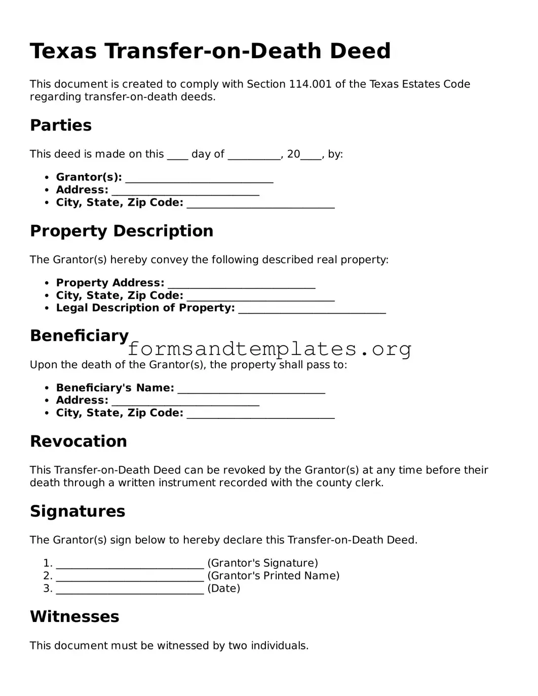Transfer-on-Death Deed Template for the State of Texas
